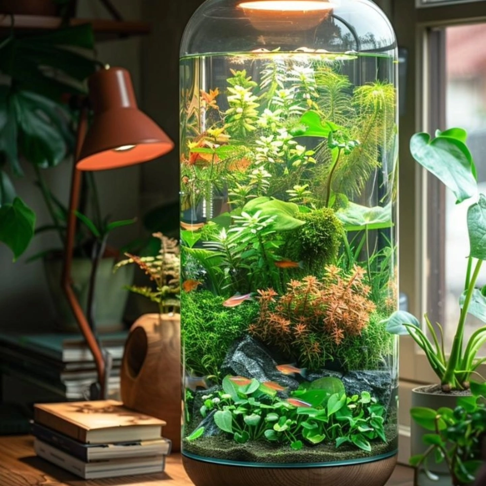 Mẫu bể cá tròn đứng với hệ thống đèn led đổi màu