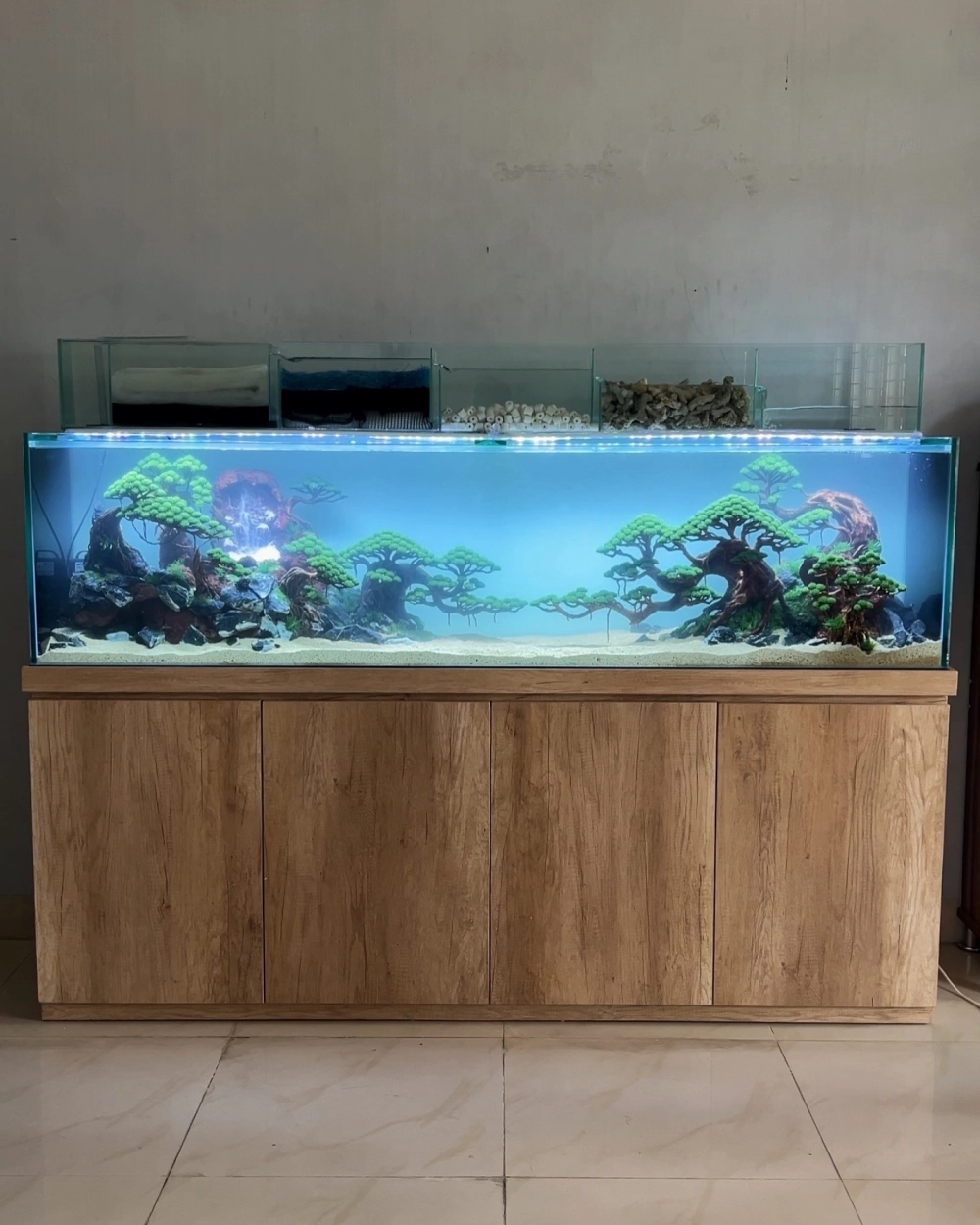 Bố cục thủy sinh thác nước cát trắng chảy giữa khe đá tự nhiên