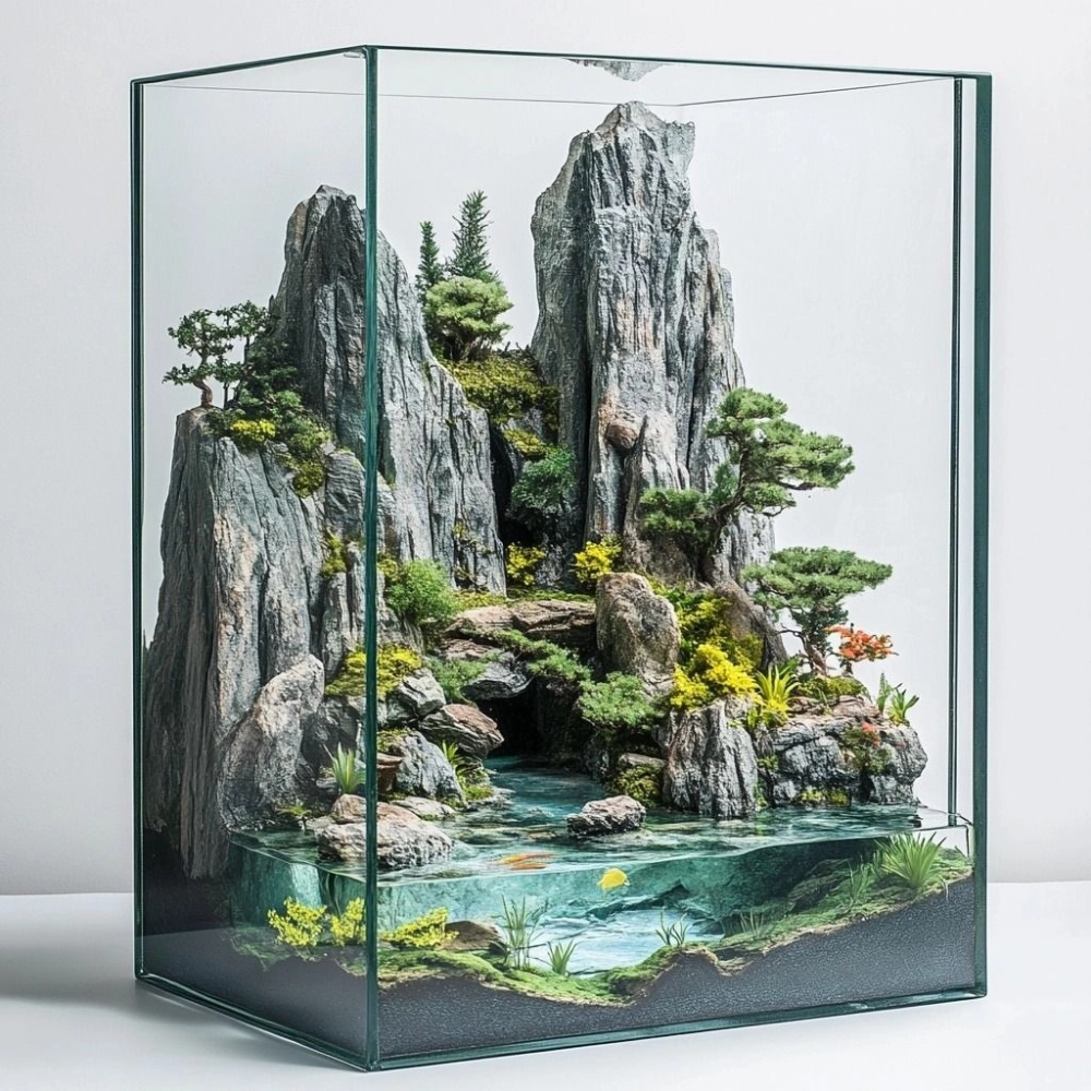 Cảnh quan thiên nhiên thu nhỏ với thác nước và cây xanh