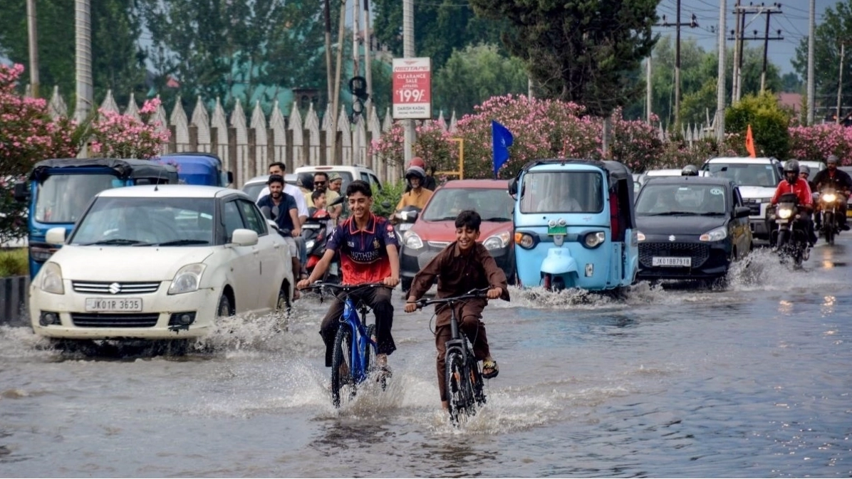 Rainfall causing flash floods in mountainous terrain